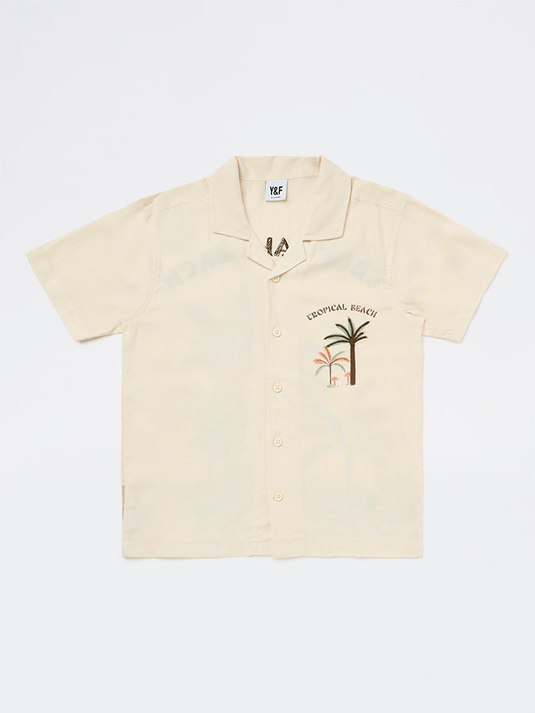 Boys Beige Tropical Printed Shirt