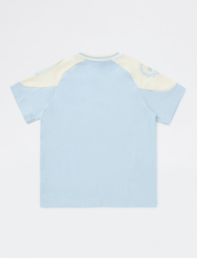 Boys Light Blue Numerical Printed Cotton T-Shirt