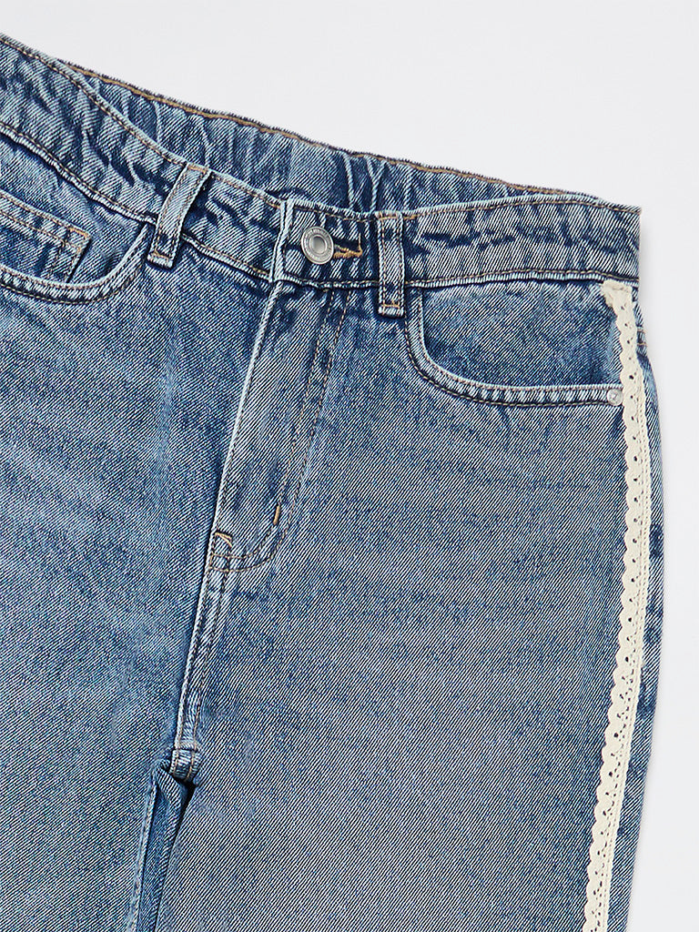 Girls Blue Lace-Detailed High-Rise Relaxed-Fit Jeans
