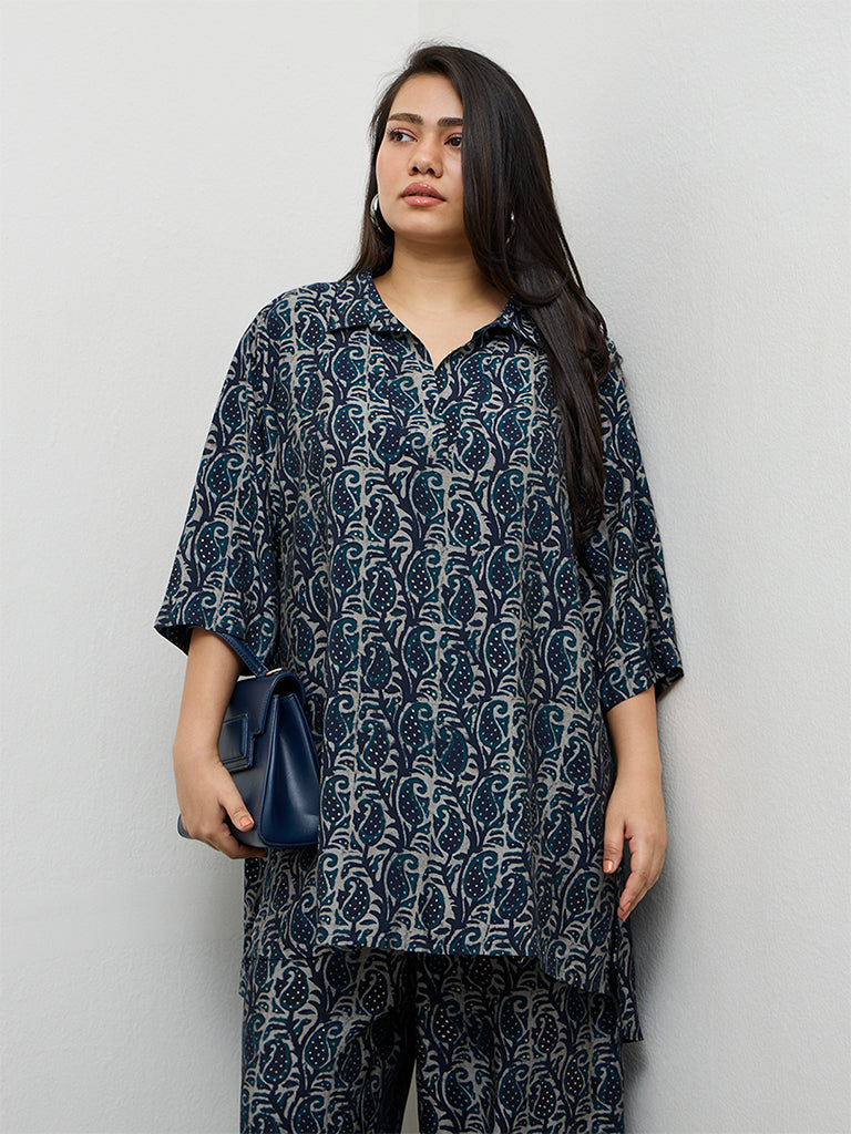 Diza Indigo Paisley Printed High-Low Tunic