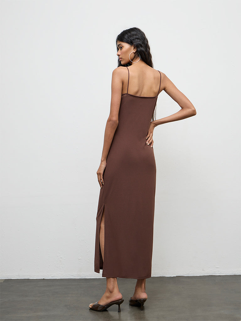 Nuon Brown Solid Slit-Detail Bodycon Dress