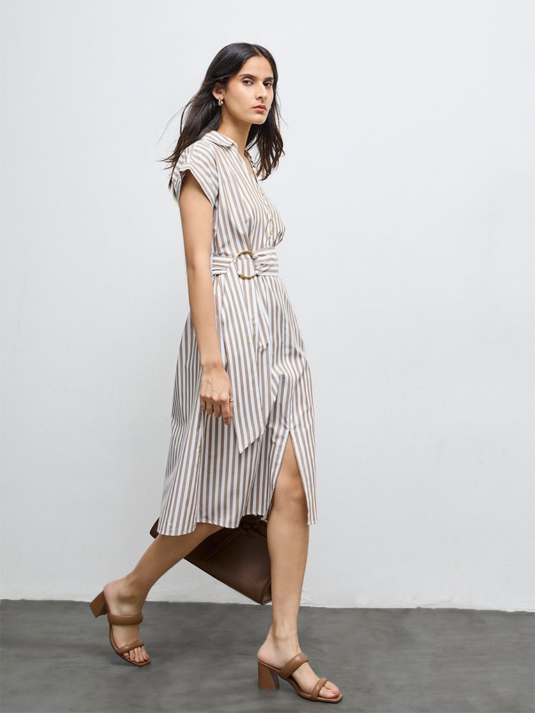 Wardrobe Taupe Striped A-Line Dress with Belt