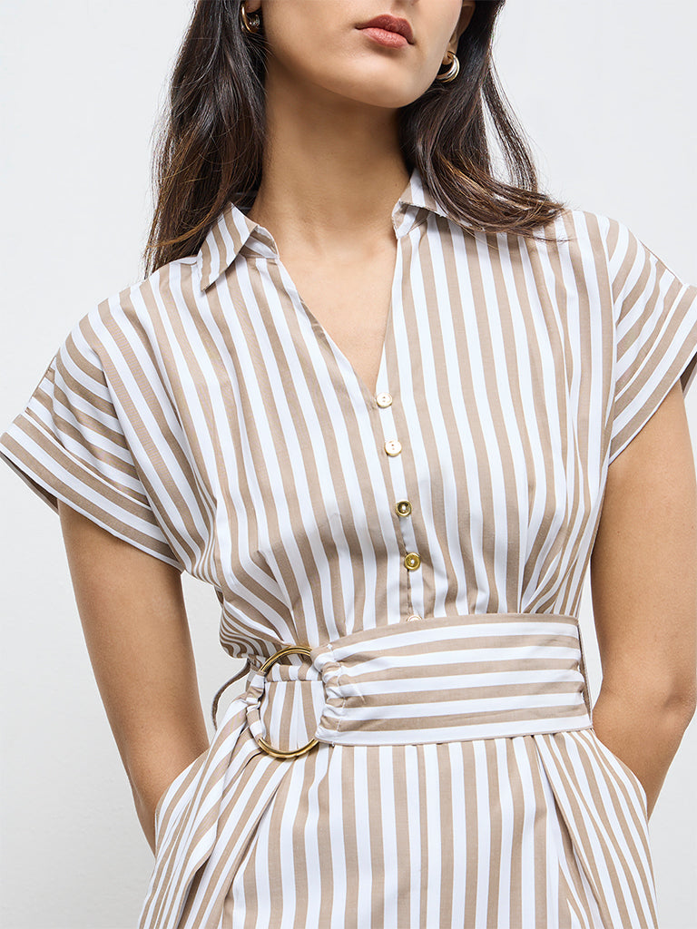 Wardrobe Taupe Striped A-Line Dress with Belt