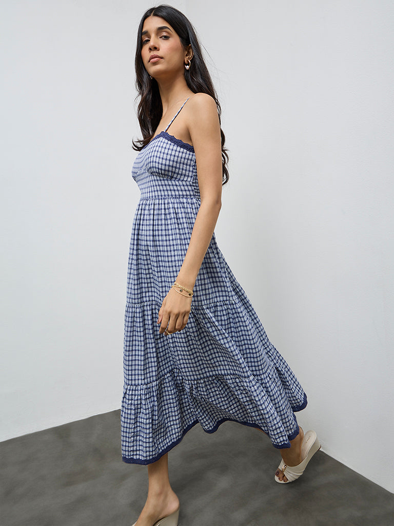 LOV Navy Checkered Cotton-Blend Tiered Dress