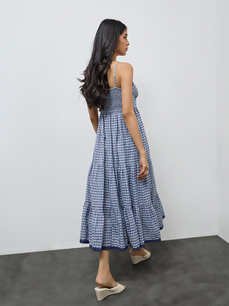 LOV Navy Checkered Cotton-Blend Tiered Dress