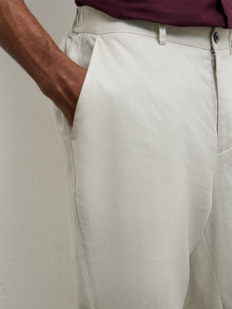 Ascot Light Beige Relaxed-Fit Mid-Rise Linen Trousers