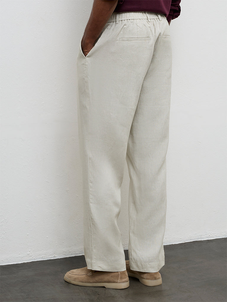 Ascot Light Beige Relaxed-Fit Mid-Rise Linen Trousers