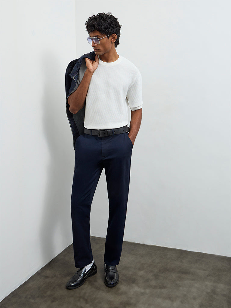 Ascot White Textured Relaxed-Fit Cotton T-Shirt