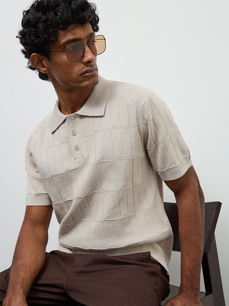 Ascot Beige Knit-Textured Relaxed-Fit Cotton Polo T-Shirt