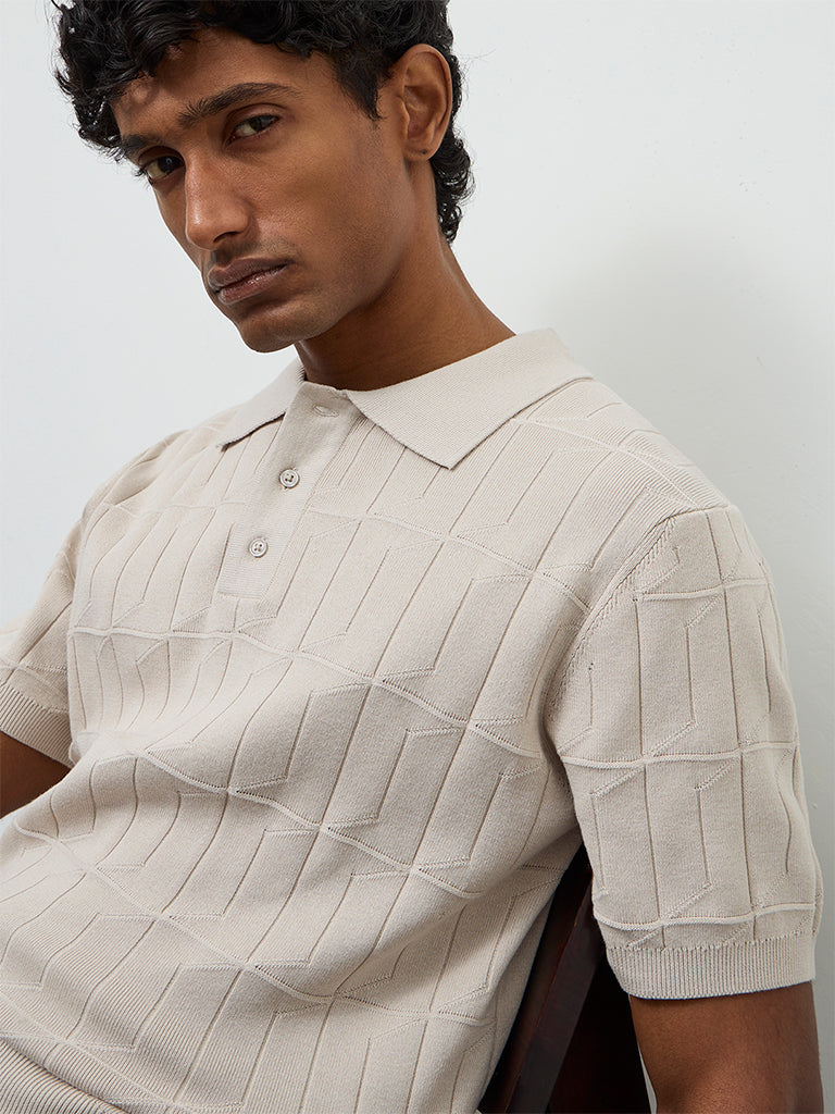 Ascot Beige Knit-Textured Relaxed-Fit Cotton Polo T-Shirt