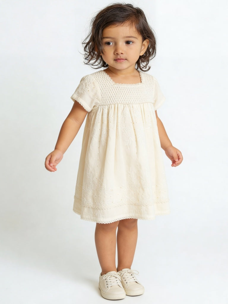 HOP Baby Girls Off-White Knit-Textured Cotton A-Line Dress