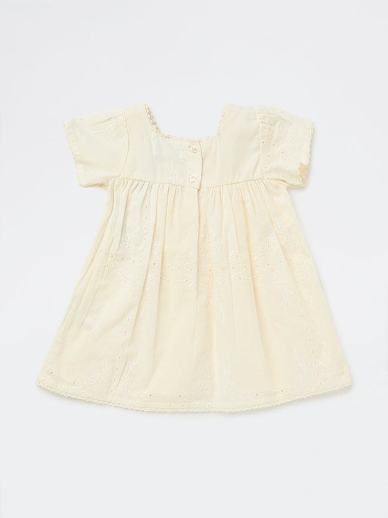 HOP Baby Girls Off-White Knit-Textured Cotton A-Line Dress