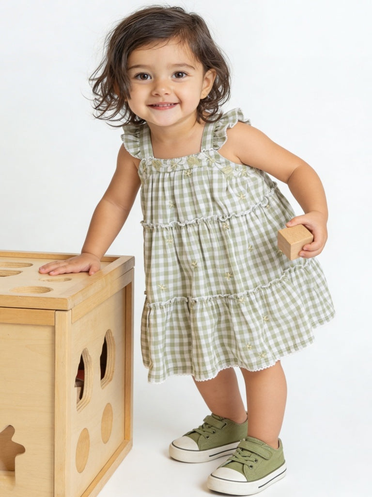 HOP Baby Girls Sage Gingham Checkered Cotton Tiered Dress