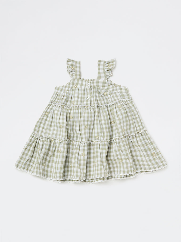 HOP Baby Girls Sage Gingham Checkered Cotton Tiered Dress