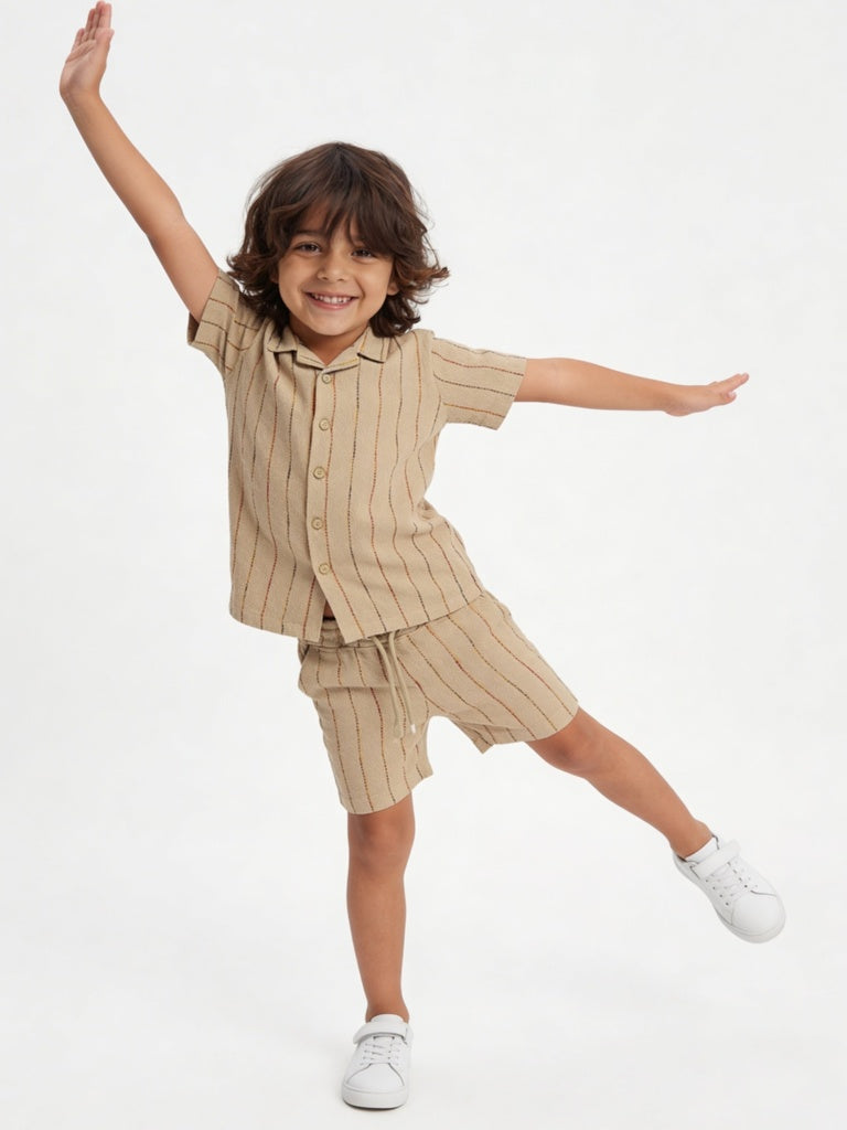 HOP Kids Boys Taupe Cotton-Blend Shirt and Shorts Set