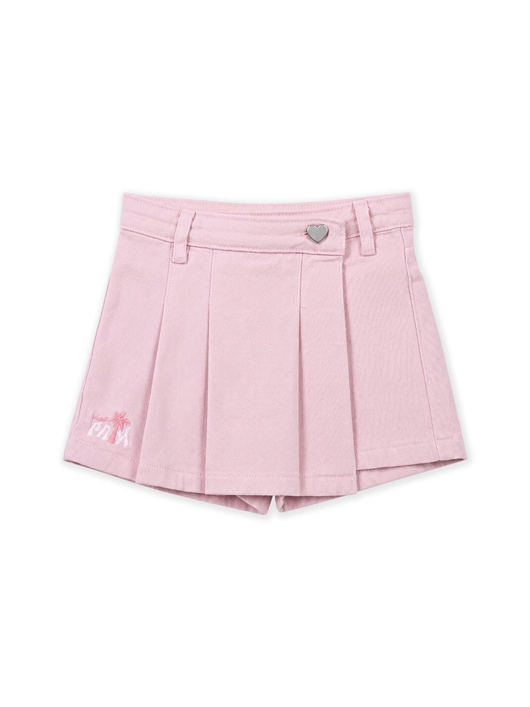 HOP Kids Girls Pink Embroidered Pleated Denim Skirt