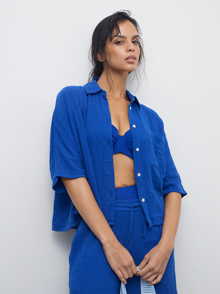 Wunderlove Blue Crinkle-Textured Cotton Beach Shirt