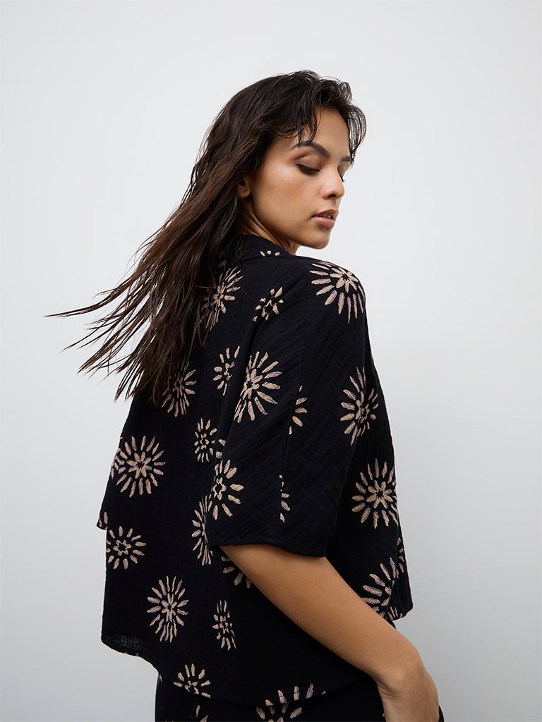Wunderlove Black Printed Crinkle-Textured Cotton Beach Shirt