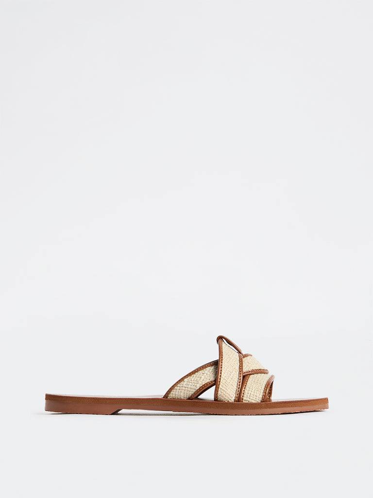 LUNA BLU Brown Raffia-Textured Slides