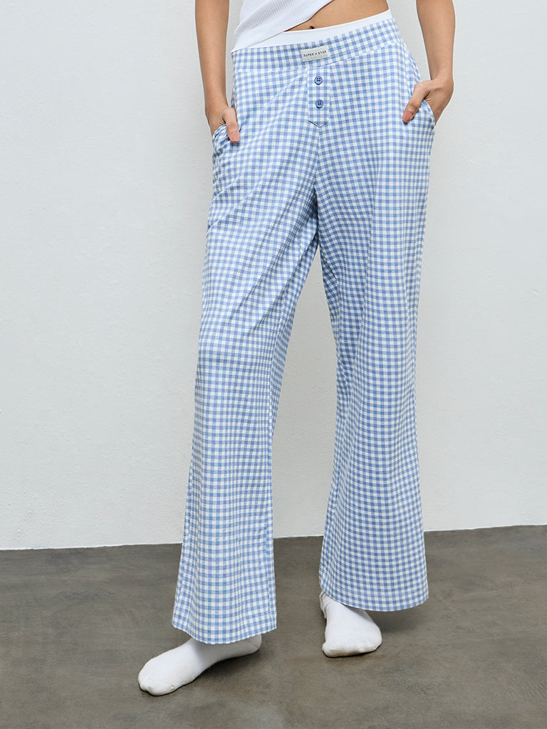 Superstar Blue Checkered High-Rise Cotton-Blend Pants