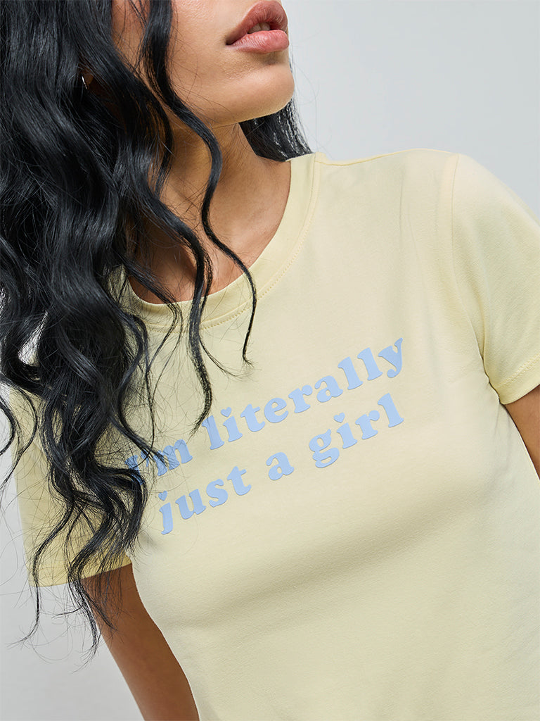 Superstar Light Yellow Text Printed Cotton T-Shirt