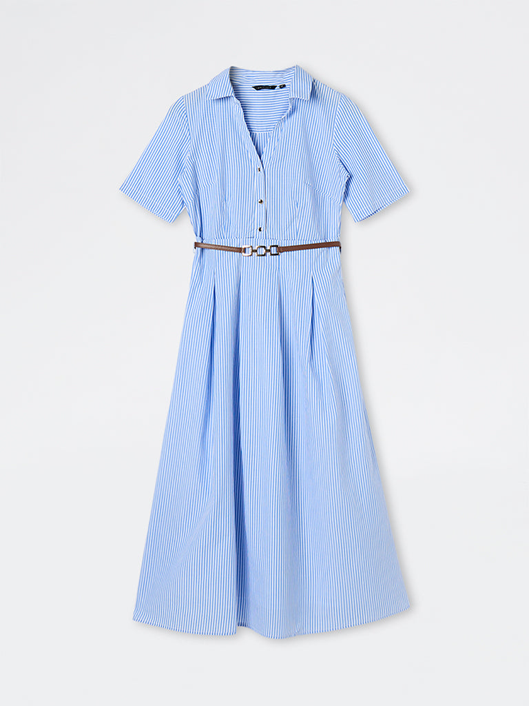 Wardrobe Blue Striped Cotton A-Line Dress with Belt