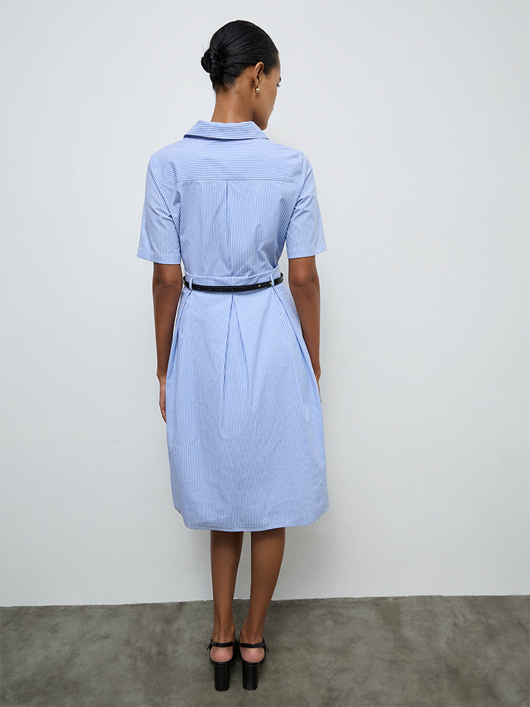 Wardrobe Blue Striped Cotton A-Line Dress with Belt