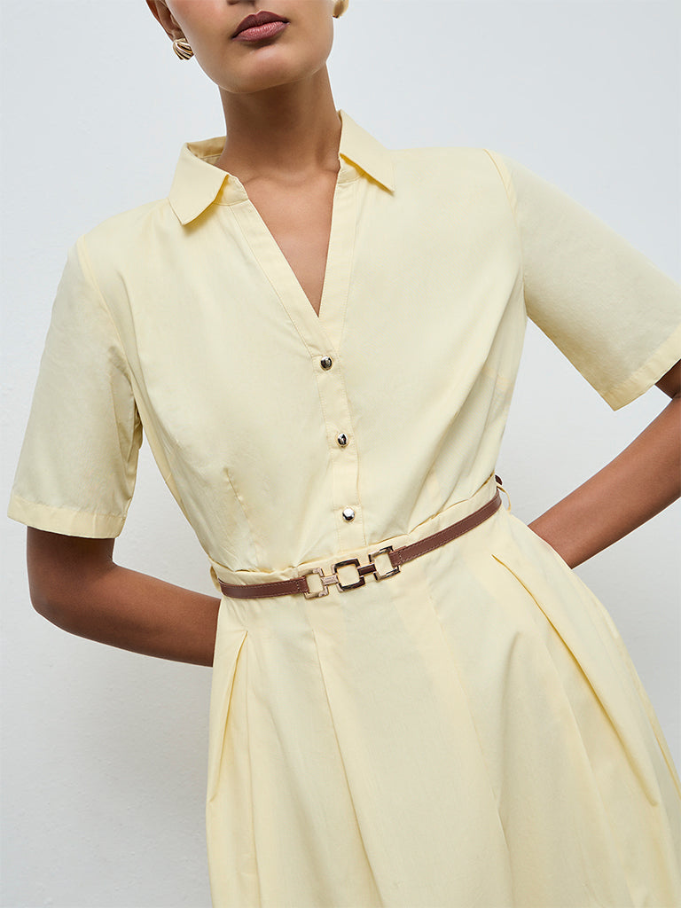 Wardrobe Yellow Solid Cotton A-Line Dress with Belt