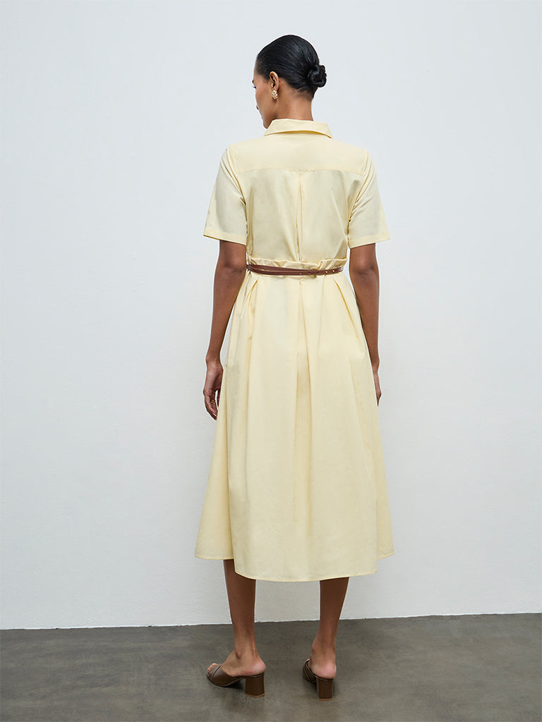 Wardrobe Yellow Solid Cotton A-Line Dress with Belt