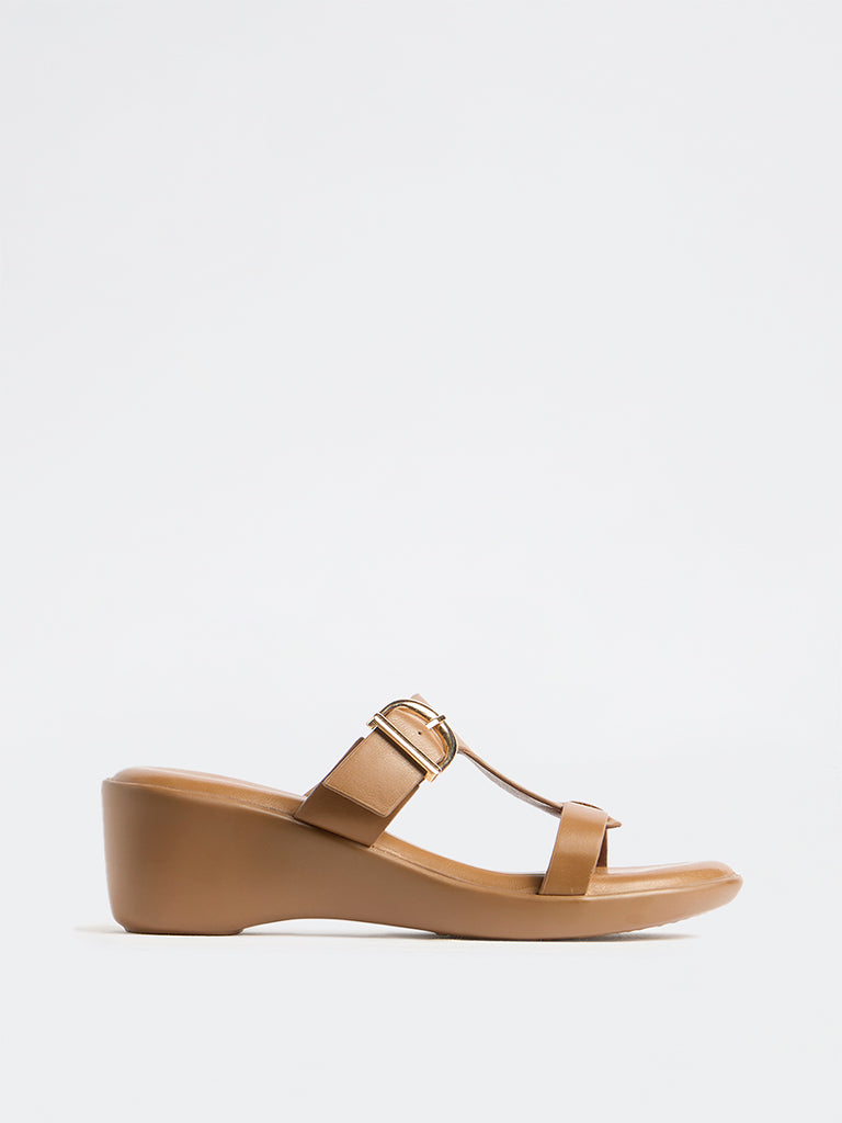 LUNA BLU Tan Buckle-Detail Wedge-Heel Sandals