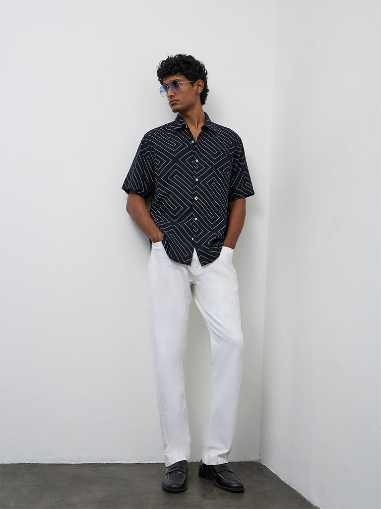 Ascot Navy Geometric Printed Relaxed-Fit Shirt