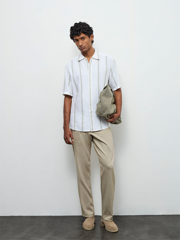 Ascot Off-White Striped Relaxed-Fit Linen-Blend Shirt