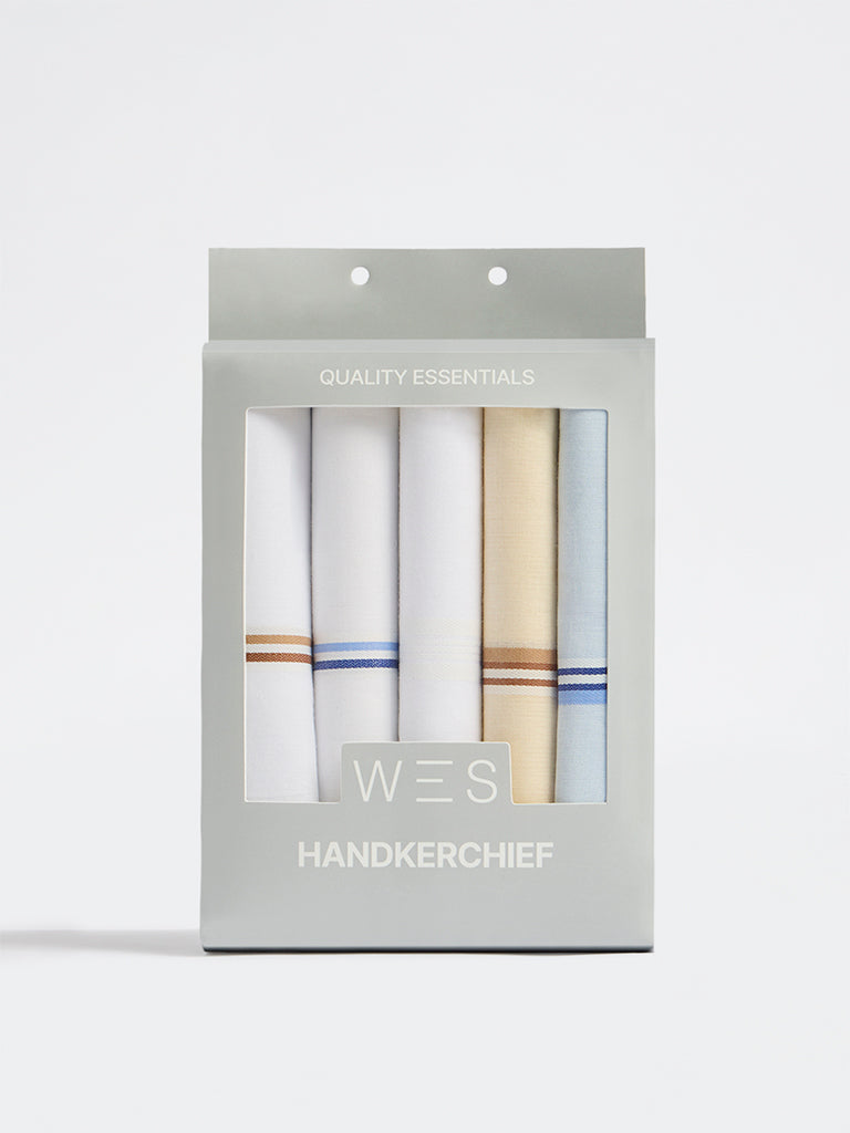 WES Lounge Light Yellow Striped Cotton Handkerchief - Set of 5