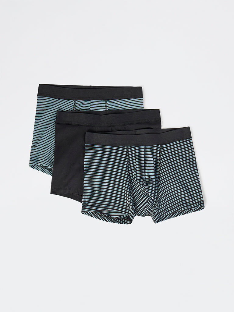 WES Lounge Teal Striped Cotton Trunks - Pack of 3