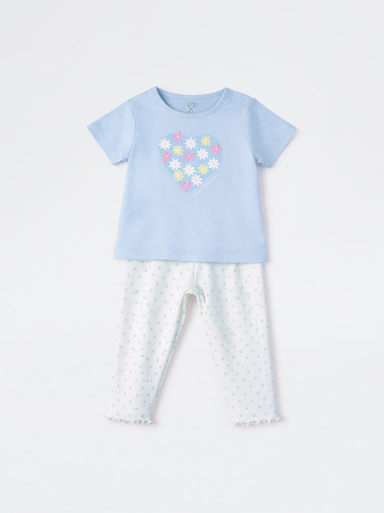 2-Piece HOP Baby Girls Blue Floral Printed Cotton Set