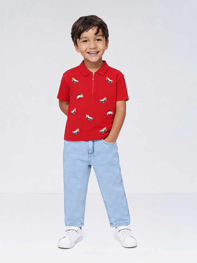 HOP Kids Boys Light Blue Checkered Mid-Rise Jeans