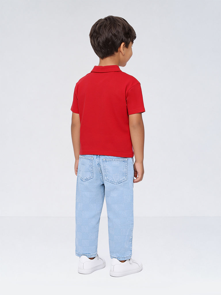 HOP Kids Boys Light Blue Checkered Mid-Rise Jeans