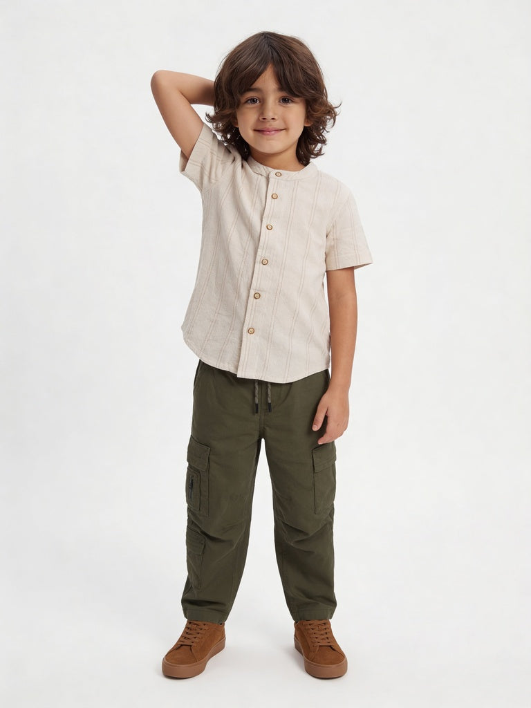 HOP Kids Boys Olive Multi-Pocket Mid-Rise Cotton Cargo Pants