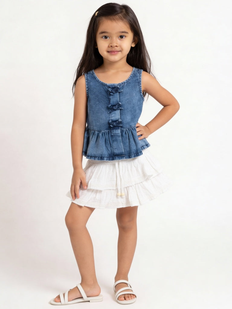 HOP Kids Girls White High-Rise Cotton Ruffled Skirt