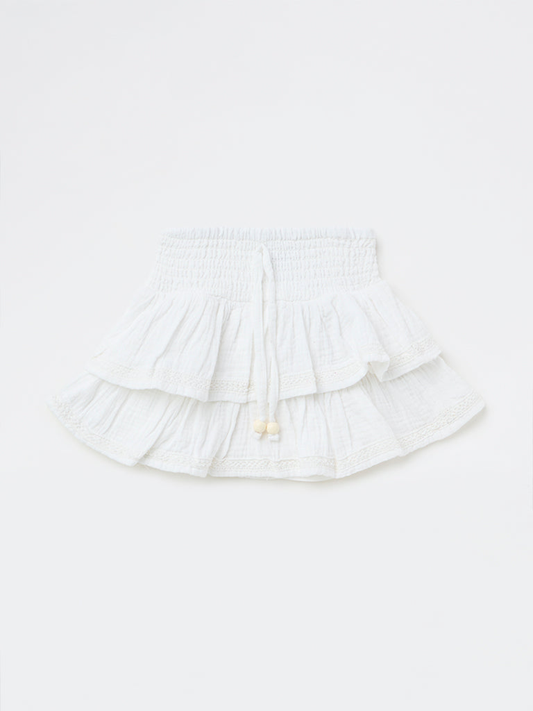 HOP Kids Girls White High-Rise Cotton Ruffled Skirt
