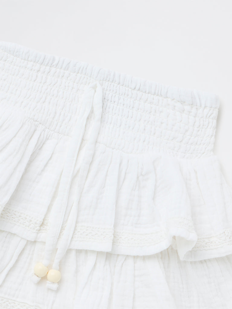 HOP Kids Girls White High-Rise Cotton Ruffled Skirt
