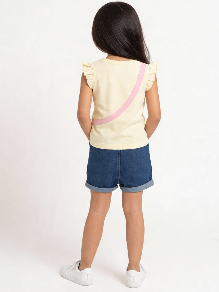 HOP Kids Girls Yellow Pouch Design Cotton Top