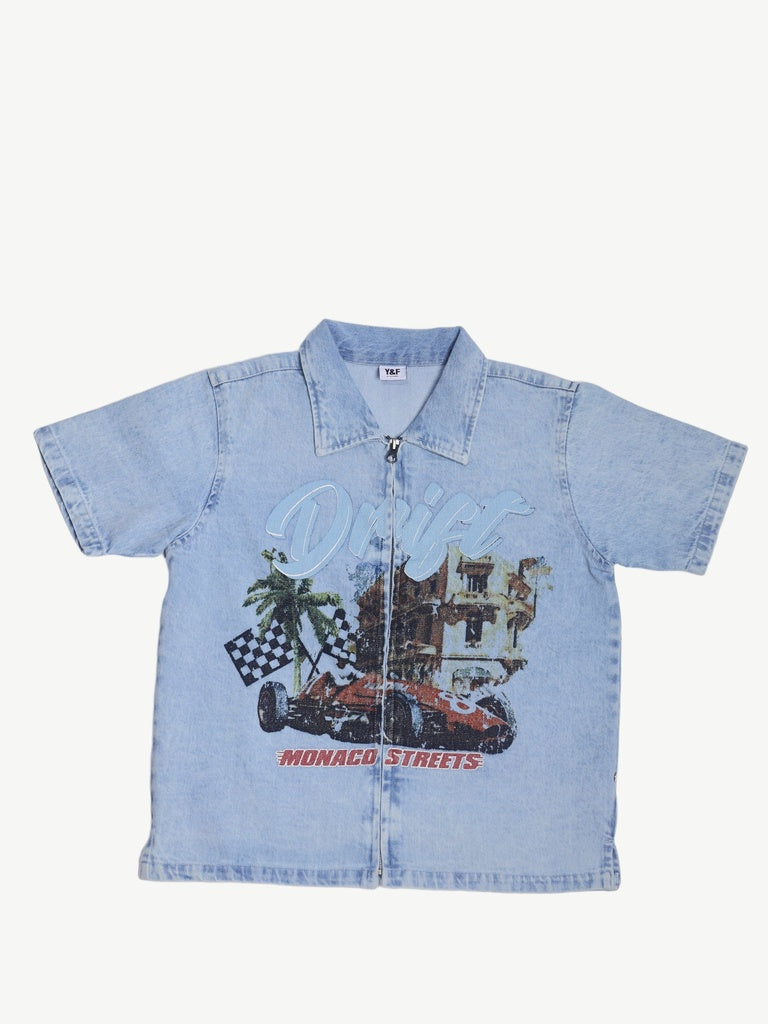 Boys Blue Graphic Print Zip-Up Denim Shirt