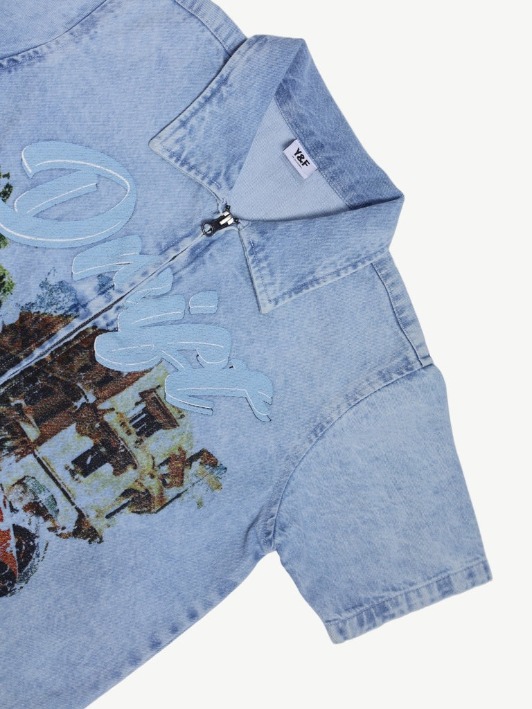 Boys Blue Graphic Print Zip-Up Denim Shirt