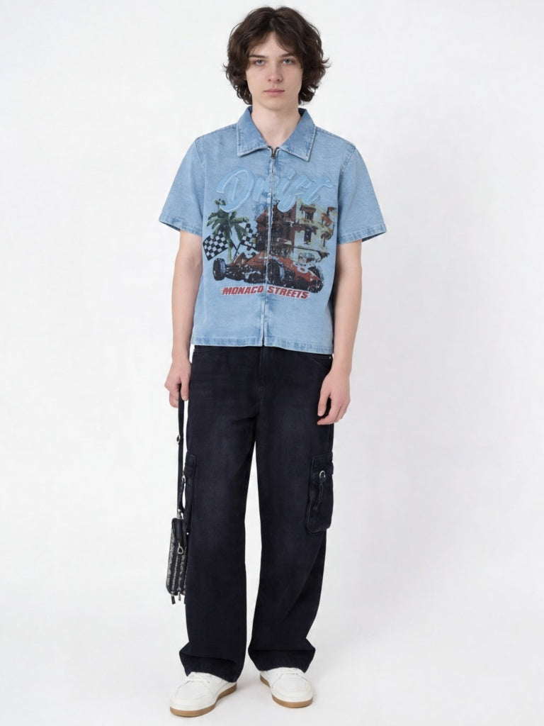 Boys Blue Graphic Print Zip-Up Denim Shirt