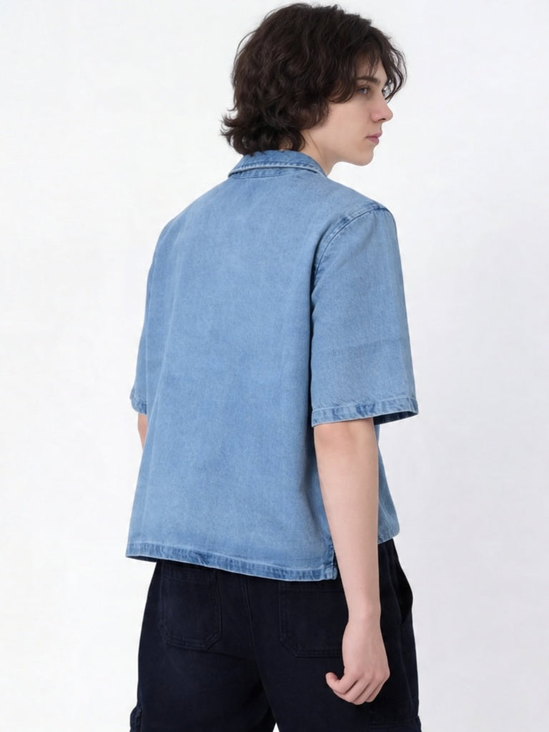 Boys Blue Graphic Print Zip-Up Denim Shirt