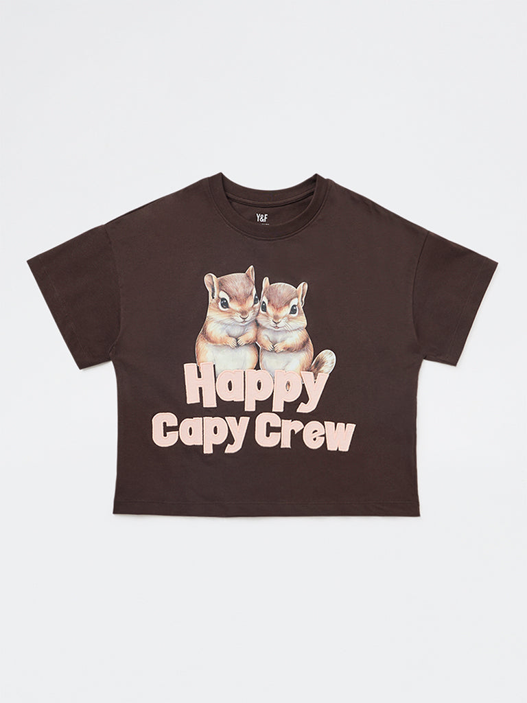 Girls Dark Brown Printed Cotton T-Shirt