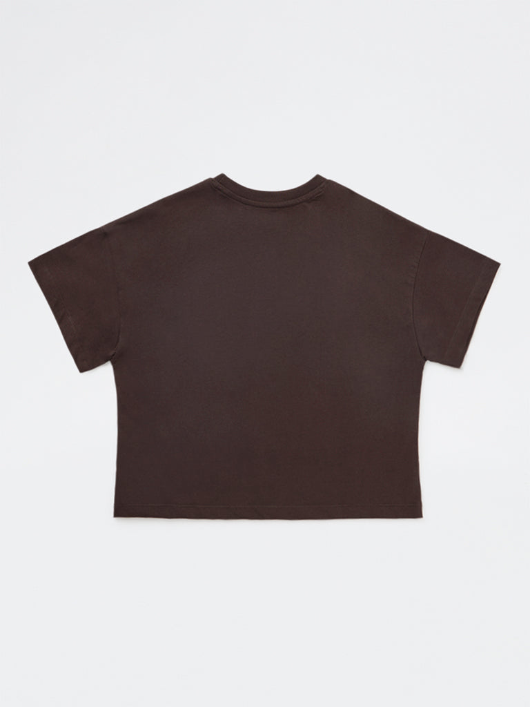 Girls Dark Brown Printed Cotton T-Shirt