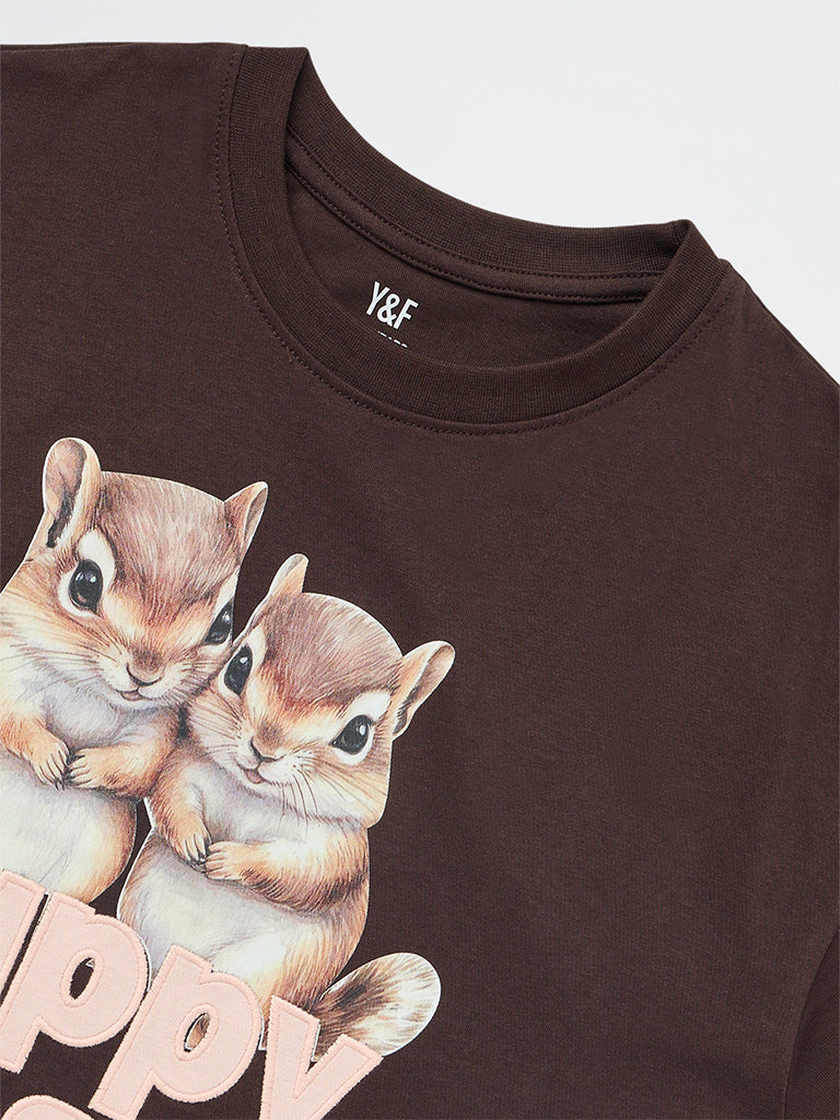 Girls Dark Brown Printed Cotton T-Shirt