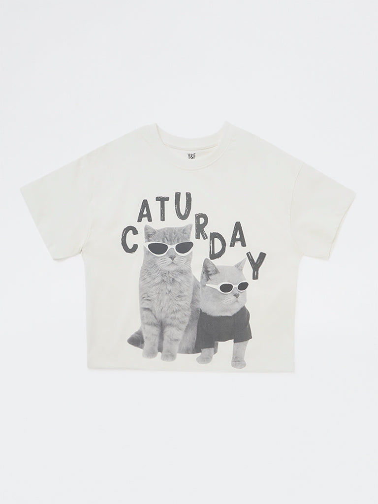 Girls White Printed Cotton T-Shirt